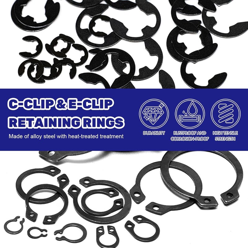 Waltool 870Pcs Alloy Steel M4-M28 C-Clip External Circlip Snap Rings and 1.5mm-10mm E-Clip Retaining Rings with Snap Ring Pliers for Automobiles Motorcycle Lawnmowers Electrical Appliances - Image 3